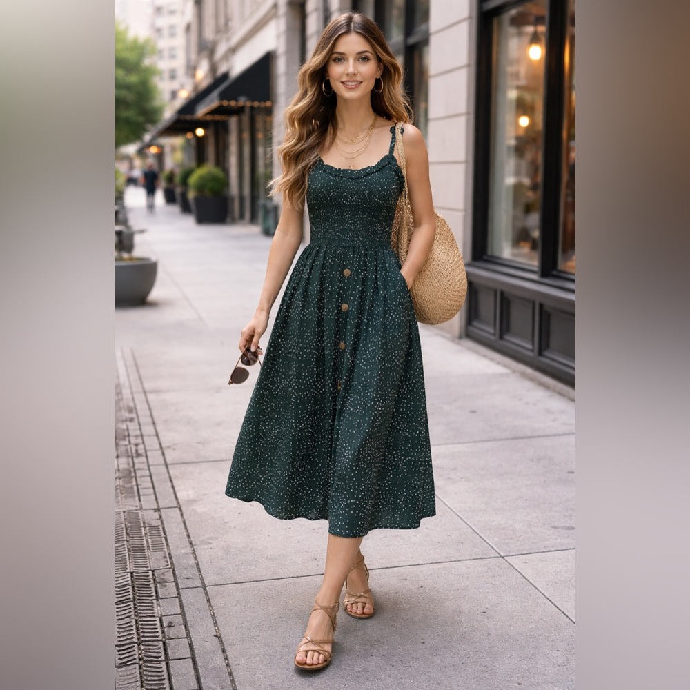Women's Elegant Forest Green Polka Dot Smocked Bust Midi Sundress Dress L